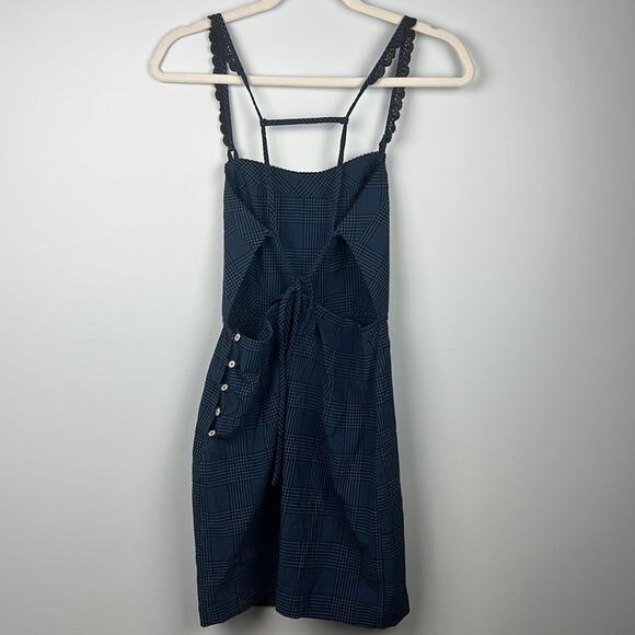 Free People Intimately FP black and blue plaid apron style mini dress small - Picture 5 of 9